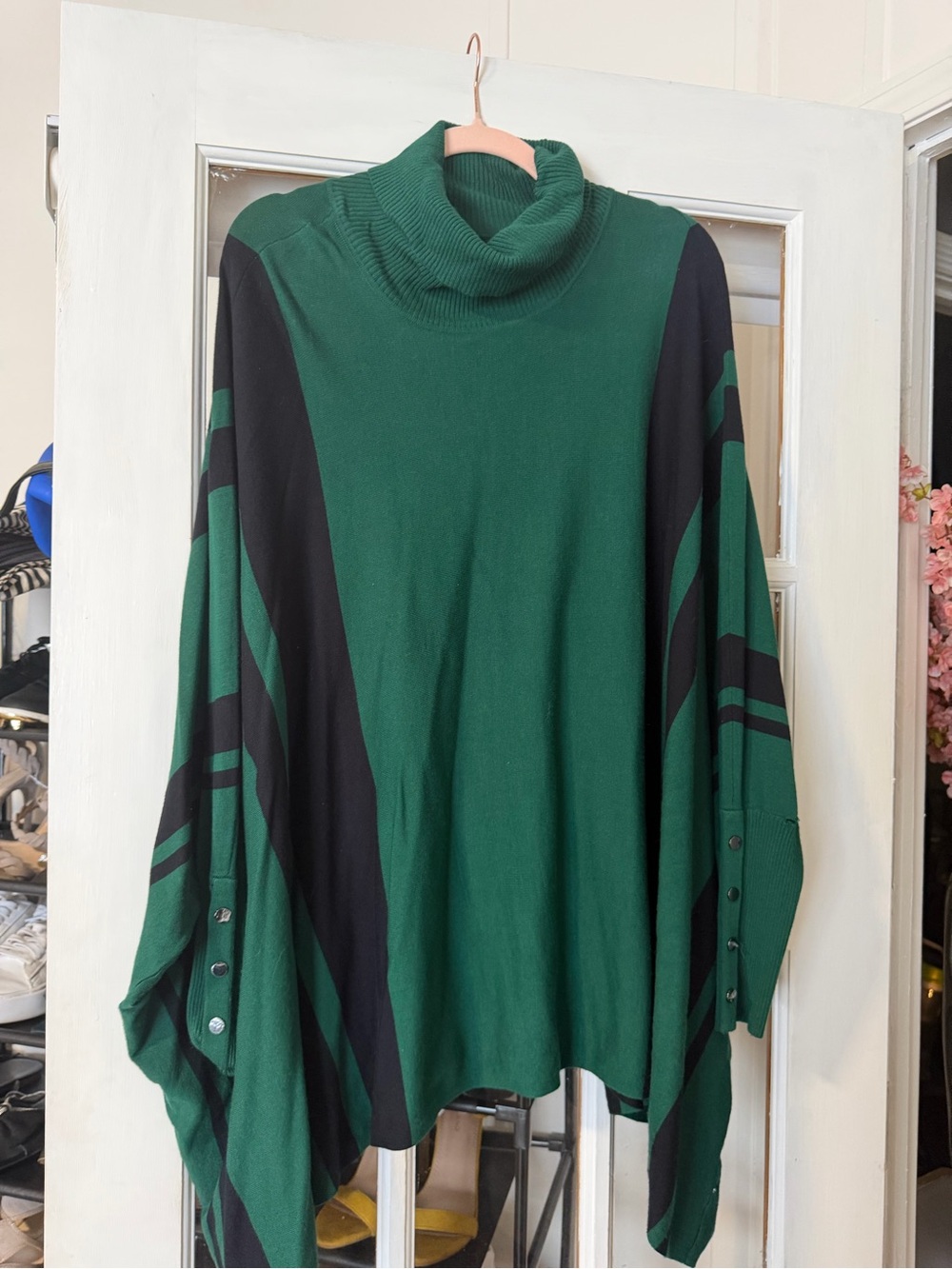 Green and Black Turtleneck Poncho Sweater